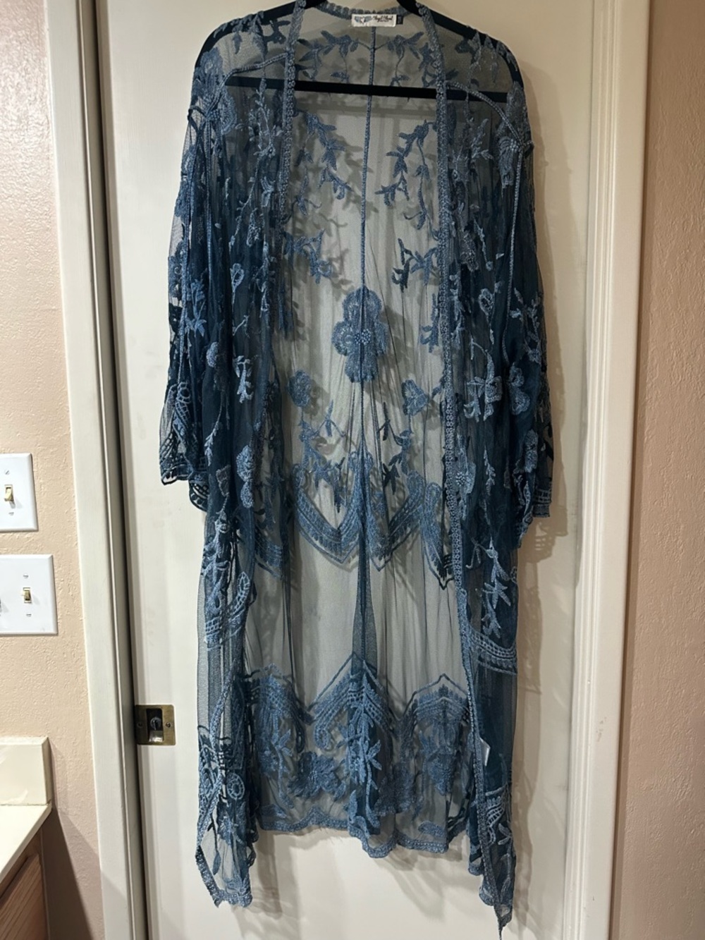 Sheer Embroidered Kimono Cardigan - Blue